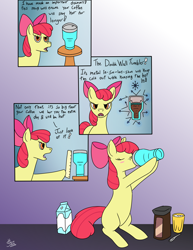 Size: 2550x3300 | Tagged: safe, artist:heavysteno, derpibooru import, apple bloom, earth pony, pony, blush sticker, blushing, coffee, drinking, female, filly, foal, hoof hold, magnetic hooves, ruler, solo, thermos