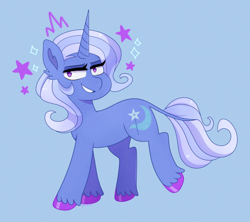 Size: 640x569 | Tagged: safe, artist:emera33, derpibooru import, trixie, pony, unicorn, grin, leonine tail, lidded eyes, looking at you, smiling, solo, sparkles, tail