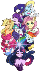 Size: 800x1439 | Tagged: safe, artist:monsterslayerbunny, derpibooru import, applejack, fluttershy, pinkie pie, rainbow dash, rarity, starlight glimmer, trixie, twilight sparkle, twilight sparkle (alicorn), alicorn, anthro, earth pony, pegasus, unicorn, 2021, accessory swap, crystal horn, glowing, glowing horn, hat, horn, mane eight, mane six, simple background, the great and powerful, transparent background, vector, wingless, wingless alicorn, wingless anthro, wizard hat