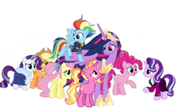 Size: 2560x1600 | Tagged: safe, artist:dawnflame, derpibooru import, applejack, fluttershy, luster dawn, pinkie pie, princess twilight 2.0, rainbow dash, rarity, starlight glimmer, twilight sparkle, twilight sparkle (alicorn), alicorn, earth pony, pegasus, pony, unicorn, the last problem, female, headmare starlight, mane six, mare, older, older applejack, older fluttershy, older mane six, older pinkie pie, older rainbow dash, older rarity, older twilight, simple background, transparent background