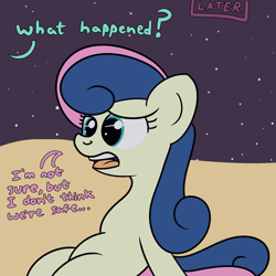 Size: 2000x2000 | Tagged: safe, artist:dafiltafish, derpibooru import, bon bon, sweetie drops, earth pony, pony, comic:day by day, beach, dialogue, female, high res, implied lyra, mare, night, offscreen character, open mouth, solo, stars, two toned mane