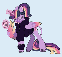 Size: 2600x2400 | Tagged: safe, artist:loryska, derpibooru import, twilight sparkle, twilight sparkle (alicorn), alicorn, pony, alternate hairstyle, blue background, clothes, cloven hooves, coffee, eyes closed, februpony, glasses, hoodie, leonine tail, levitation, magic, simple background, solo, spread wings, sweater, tail, telekinesis, wings, yawn