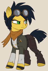 Size: 536x783 | Tagged: safe, artist:luminousdazzle, derpibooru import, oc, oc only, oc:radioactive rain, earth pony, pony, angry, blind eye, clothes, colored, colored sketch, design, female, flat colors, frown, goggles, grumpy, looking away, mare, pants, post nuclear, redesign, scar, scarf, simple background, solo