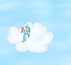 Size: 2558x2345 | Tagged: safe, artist:maneblue, derpibooru import, rainbow dash, pegasus, pony, blue background, cloud, female, mare, on a cloud, simple background, sleeping, solo