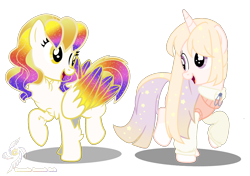 Size: 1700x1200 | Tagged: safe, artist:galeemlightseraphim, derpibooru import, oc, oc only, oc:glistening stars, pegasus, pony, unicorn, base used, bipedal, clothes, duo, duo female, ethereal mane, eyelashes, female, folded wings, hoof fluff, hooves, horn, looking back, mare, open mouth, open smile, pegasus oc, raised hoof, raised leg, shadow, show accurate, signature, simple background, smiling, standing, starry mane, transparent background, unicorn oc, wings