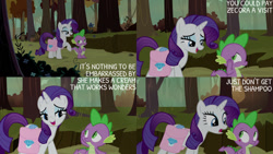 Size: 1280x720 | Tagged: safe, derpibooru import, edit, edited screencap, editor:quoterific, screencap, rarity, spike, dragon, pony, unicorn, molt down, season 8, spoiler:s08, bag, duo, female, male, mare, open mouth, open smile, saddle bag, smiling