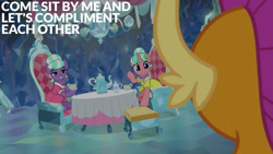 Size: 1280x720 | Tagged: safe, derpibooru import, edit, edited screencap, editor:quoterific, screencap, smolder, dragon, earth pony, pony, unicorn, season 8, what lies beneath, spoiler:s08, dragoness, female, mare, smiling, stepford ponies, tea time