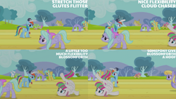 Size: 1280x720 | Tagged: safe, derpibooru import, edit, edited screencap, editor:quoterific, screencap, blossomforth, cloud kicker, cloudchaser, dizzy twister, flitter, lightning bolt, merry may, orange swirl, rainbow dash, sunshower raindrops, white lightning, pegasus, pony, hurricane fluttershy, season 2, eyes closed, female, mare, open mouth, open smile, smiling, spread wings, whistle, whistle necklace, wings