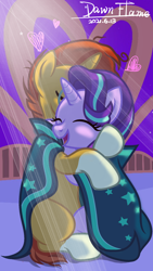 Size: 1242x2208 | Tagged: safe, alternate version, artist:dawnflame, derpibooru import, starlight glimmer, sunburst, pony, unicorn, cloak, clothes, eyes closed, female, happy, heart, hug, male, mare, open mouth, open smile, shared clothing, shipping, smiling, stallion, starburst, straight, sunburst's cloak