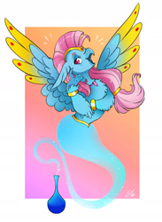 Size: 1592x2177 | Tagged: safe, artist:opalacorn, derpibooru import, oc, oc only, oc:wishgriff, classical hippogriff, hippogriff, bottle, bracelet, circlet, female, floating, genie, gradient background, jewelry, looking at you, passepartout, raffle prize, simple background, smiling, smiling at you, solo, spread wings, wing jewelry, wings