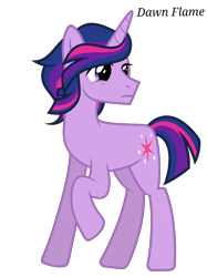 Size: 1242x1660 | Tagged: safe, artist:dawnflame, derpibooru import, dusk shine, twilight sparkle, unicorn twilight, pony, unicorn, female to male, full body, hooves, horn, looking back, male, multicolored mane, multicolored tail, raised hoof, raised leg, rule 63, show accurate, signature, simple background, solo, stallion, standing, tail, transformation, transgender transformation, transparent background, turnaround