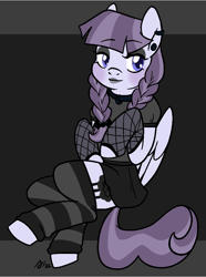 Size: 747x1002 | Tagged: safe, artist:/d/non, derpibooru import, inky rose, pegasus, blue eyes, blushing, braid, clothes, ear piercing, eyeshadow, februpony, female, fishnets, goth, gray background, lipstick, makeup, mare, piercing, purple hair, simple background, skirt, socks, wings