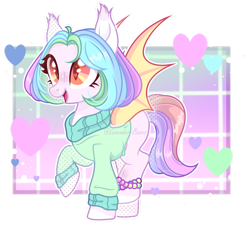 Size: 1280x1158 | Tagged: safe, artist:lavender-bases, derpibooru import, oc, bat pony, base used, bat wings, bipedal, clothes, female, mare, open mouth, open smile, smiling, solo, sweater