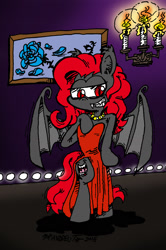 Size: 1120x1686 | Tagged: safe, artist:andreu-t, derpibooru import, oc, oc only, oc:blood night, bat pony, pony, bat pony oc, bipedal, clothes, dress, female, solo