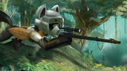 Size: 3840x2160 | Tagged: safe, artist:naafreelanceartist, derpibooru import, oc, oc only, pegasus, pony, aiming, armor, blaster, gun, helmet, lying down, ponified, prone, rifle, scout trooper, sniper, solo, star wars, tree, weapon