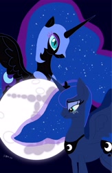 Size: 3000x4615 | Tagged: safe, artist:sarahthefox97, derpibooru import, nightmare moon, princess luna, alicorn, pony, duo, female, inner demons, mare in the moon, moon, sad