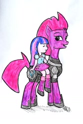 Size: 1414x2121 | Tagged: safe, artist:fude-chan-art, derpibooru import, tempest shadow, twilight sparkle, pony, unicorn, equestria girls, broken horn, clothes, duo, female, horn, horse sized pony, riding a pony, size difference, skirt, traditional art