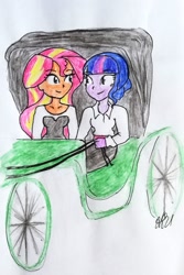 Size: 1499x2249 | Tagged: safe, artist:fude-chan-art, derpibooru import, sunset shimmer, twilight sparkle, equestria girls, duo, female, stagecoach, traditional art