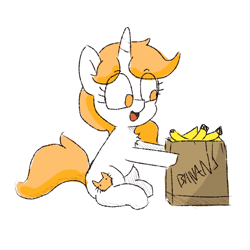 Size: 768x768 | Tagged: safe, artist:cherro, derpibooru import, oc, oc only, oc:kitty kit, pony, unicorn, banana, female, food, solo