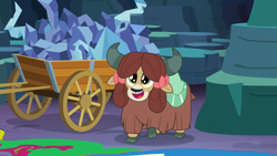 Size: 1280x720 | Tagged: safe, derpibooru import, screencap, yona, yak, season 9, uprooted, spoiler:s09, cave of harmony, cloven hooves, cute, fence, happy, monkey swings, solo, yonadorable