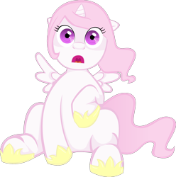 Size: 1942x1959 | Tagged: safe, artist:sushimango, derpibooru import, princess celestia, alicorn, pony, eye clipping through hair, female, full body, hoof shoes, open mouth, pink mane, pink tail, pink-mane celestia, raised hoof, raised leg, shading, shocked, simple background, sitting, solo, spread wings, tail, transparent background, vector, wings
