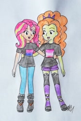 Size: 1455x2182 | Tagged: safe, artist:fude-chan-art, derpibooru import, adagio dazzle, sunset shimmer, equestria girls, bisexual pride flag, clothes, duo, female, lesbian, pride, pride flag, shipping, sunsagio, traditional art