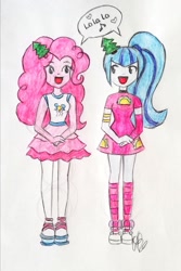 Size: 1616x2423 | Tagged: safe, artist:fude-chan-art, derpibooru import, pinkie pie, sonata dusk, equestria girls, clothes, duo, female, lesbian, pinata (ship), shipping, traditional art