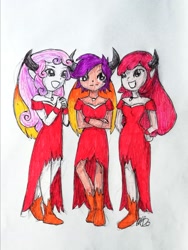 Size: 1616x2153 | Tagged: safe, artist:fude-chan-art, derpibooru import, apple bloom, scootaloo, sweetie belle, demon, equestria girls, clothes, cutie mark crusaders, dress, female, horns, traditional art, trio