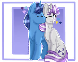 Size: 1280x1024 | Tagged: safe, artist:anastasiaplisetskaya, derpibooru import, night light, twilight velvet, pony, unicorn, abstract background, duo, female, heart, kiss on the cheek, kissing, male, mare, nightvelvet, one eye closed, shipping, sitting, stallion, standing, straight