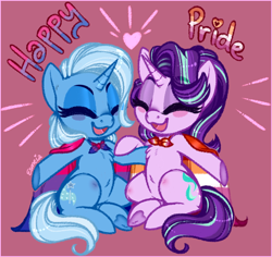 Size: 622x588 | Tagged: safe, artist:esmeia, derpibooru import, starlight glimmer, trixie, pony, unicorn, bisexual pride flag, blushing, cape, chest fluff, clothes, cute, duo, eyes closed, female, happy, heart, lesbian, lesbian pride flag, pride, pride flag, shipping, smiling, startrix, underhoof