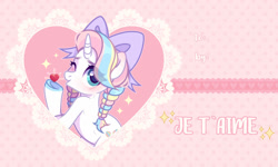 Size: 1280x768 | Tagged: safe, artist:fenix-artist, derpibooru import, oc, oc only, pony, unicorn, blushing, bow, commission, cute, female, hair bow, heart, hearts and hooves day, holiday, kissing, mare, multicolored hair, one eye closed, solo, unshorn fetlocks, valentine's day, wink, ych result