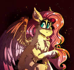 Size: 1280x1208 | Tagged: safe, artist:millefaller, derpibooru import, fluttershy, pegasus, pony, cheek fluff, chest fluff, coat markings, colored hooves, deviantart watermark, ear fluff, ears, elbow fluff, female, fluffy, leg fluff, looking away, looking sideways, mare, night, obtrusive watermark, open mouth, outdoors, raised hoof, raised leg, sitting, socks (coat marking), solo, spread wings, unshorn fetlocks, watermark, wing fluff, wings, worried