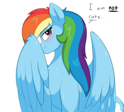 Size: 3000x2700 | Tagged: safe, artist:astrum, derpibooru import, part of a set, rainbow dash, pegasus, pony, angry, blushing, chest fluff, covering face, cute, dashabetes, dialogue, digital art, female, flustered, frown, high res, i'm not cute, looking away, looking up, madorable, mare, simple background, sitting, solo, talking to viewer, tsunderainbow, tsundere, white background, wings