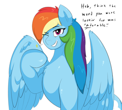 Size: 3000x2700 | Tagged: safe, artist:astrum, derpibooru import, part of a set, rainbow dash, pegasus, pony, bait and switch, chest fluff, cute, dashabetes, dialogue, digital art, eye clipping through hair, female, grin, high res, looking at you, mare, one eye closed, pointing, pointing at self, raised hoof, raised leg, simple background, sitting, smiling, solo, talking to viewer, white background, wings, wink, winking at you