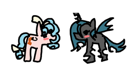 Size: 4000x2500 | Tagged: safe, derpibooru import, cozy glow, queen chrysalis, changeling, changeling queen, pegasus, pony, 1000 hours in ms paint, blushing, bow, cozybetes, cozysalis, cute, cutealis, female, folded wings, hair bow, insect wings, looking at each other, looking at someone, no neck, shipping, simple background, wat, white background, wings