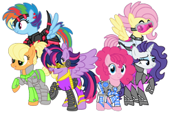 Size: 1800x1200 | Tagged: safe, artist:ichiban-iceychan1517, artist:rmv-art, color edit, derpibooru import, edit, applejack, fluttershy, pinkie pie, rainbow dash, rarity, twilight sparkle, twilight sparkle (alicorn), alicorn, cyborg, earth pony, pegasus, pony, unicorn, collaboration, alternate hairstyle, amputee, armor, augmented, belt, boots, clothes, colored, cyberpunk, ear piercing, earring, eyeshadow, flying, freckles, goggles, grin, high heel boots, jewelry, makeup, mane six, open mouth, piercing, prosthetic limb, prosthetics, shoes, simple background, smiling, transparent background