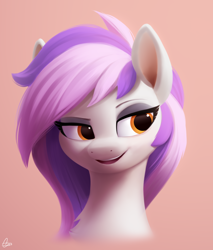 Size: 850x1000 | Tagged: safe, artist:luminousdazzle, derpibooru import, oc, oc only, oc:mewio, pegasus, pony, bust, eyeshadow, female, looking away, looking sideways, looking to side, looking to the right, makeup, mare, open mouth, open smile, orange eyes, pegasus oc, pink background, portrait, raised eyebrow, semi-realistic, shading, signature, simple background, smiling, smug, solo, two toned mane