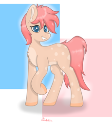 Size: 1280x1392 | Tagged: safe, artist:marbatra, derpibooru import, oc, oc only, oc:strawberry buttercream, earth pony, pony, abstract background, chest fluff, colored pupils, ear fluff, ears, grin, male, raised hoof, raised leg, signature, smiling, solo, stallion