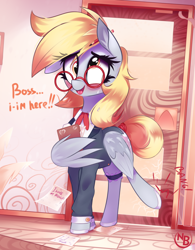 Size: 1080x1382 | Tagged: safe, artist:nevobaster, derpibooru import, derpy hooves, pegasus, pony, businessmare, clothes, crack, cute, derp, derpabetes, dialogue, female, folder, glasses, looking at you, mare, meganekko, office, pencil, round glasses, solo, suit, writing
