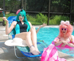 Size: 749x612 | Tagged: safe, artist:amazonmandy, artist:angelsamui, derpibooru import, queen chrysalis, oc, oc:fluffle puff, human, barefoot, clothes, cosplay, costume, feet, irl, irl human, photo, sunglasses, swimming pool