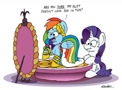 Size: 1024x753 | Tagged: safe, artist:bobthedalek, derpibooru import, rainbow dash, rarity, pegasus, pony, unicorn, suited for success, clothes, dress, gala dress, mirror, rainbow dash always dresses in style, sweat, sweatdrops