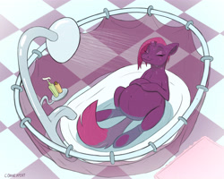 Size: 5334x4266 | Tagged: safe, artist:convexpert, derpibooru import, fizzlepop berrytwist, tempest shadow, pony, unicorn, bath, bathroom, bathtub, belly, belly button, big belly, broken horn, eye scar, eyes closed, female, horn, leaning, leaning back, mare, pregnant, scar, shower, shower curtain, sitting, smiling, solo, tiles, wet, wet mane