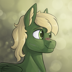 Size: 2000x2000 | Tagged: safe, artist:stardustspix, oc, oc only, oc:murky, pegasus, pony, fallout equestria, fallout equestria: murky number seven, abstract background, bust, ear fluff, ears, fanfic art, looking to side, scar, smiling, solo, wings