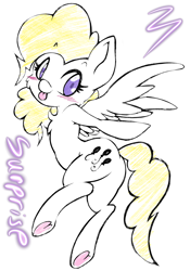 Size: 1668x2388 | Tagged: safe, artist:larrykitty, derpibooru import, surprise, pegasus, pony, g1, g4, adoraprise, blushing, butt, cute, female, g1 to g4, generation leap, heart, heart hoof, looking at you, looking back, mare, plot, simple background, surprise being surprise, tongue, tongue out, underhoof, white background
