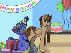 Size: 1200x900 | Tagged: safe, artist:doodle-hooves, derpibooru import, oc, oc only, oc:lishka, oc:talu gana, pegasus, balloon, birthday, cake, commissioner:biohazard, cowboy hat, duo, eye clipping through hair, eyebrows, eyebrows visible through hair, eyelashes, female, food, happy birthday, hat, male, mare, open mouth, open smile, pegasus oc, present, purple eyes, smiling, stallion, stetson, tail, two toned mane, two toned tail