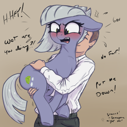 Size: 3000x3000 | Tagged: safe, artist:t72b, derpibooru import, limestone pie, oc, oc:anon, earth pony, human, pony, adorable distress, blushing, cute, ears, female, floppy ears, flustered, holding, holding a pony, limabetes, limetsun pie, male, mare, put me down, tsundere