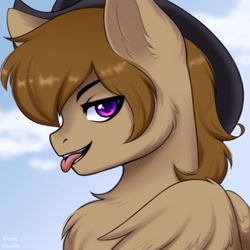 Size: 960x960 | Tagged: safe, artist:alune, derpibooru import, oc, oc only, oc:talu gana, pegasus, pony, :p, bust, chest fluff, commission, commissioner:biohazard, cowboy hat, ear fluff, ears, eyebrows, flirty, hat, looking at you, male, pegasus oc, purple eyes, simple background, solo, stallion, stetson, tongue, tongue out, ych result