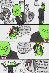Size: 728x1071 | Tagged: safe, artist:happy harvey, derpibooru import, rumble, oc, oc:anon, oc:anon filly, angel, human, pegasus, pony, bisexual, bow, clothes, colt, comic, crossdressing, demon wings, devil, devil horns, dialogue, drawn on phone, drawthread, female, filly, foal, hair bow, halo, horns, male, ponified, shoulder angel, shoulder devil, sparkles, suit, trap, wings