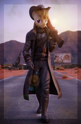 Size: 789x1200 | Tagged: safe, artist:meisteraryanne, derpibooru import, oc, oc only, oc:talu gana, anthro, pegasus, plantigrade anthro, 3d, action pose, anthro oc, artillery, clothes, commissioner:biohazard, cowboy hat, eyebrows, fallout, fallout: new vegas, gift art, gun, hat, looking at you, male, ncr ranger, pegasus oc, purple eyes, raffle prize, rifle, sniper rifle, solo, stallion, stetson, walking, weapon