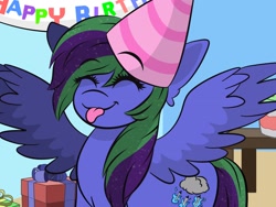 Size: 1920x1440 | Tagged: safe, artist:doodle-hooves, derpibooru import, oc, oc only, oc:lishka, pegasus, pony, :p, ^^, cake, eye clipping through hair, eyebrows, eyebrows visible through hair, eyelashes, eyes closed, female, food, gift art, happy birthday, hat, mare, party hat, pegasus oc, present, solo, spread wings, tail, tongue, tongue out, two toned mane, two toned tail, wings
